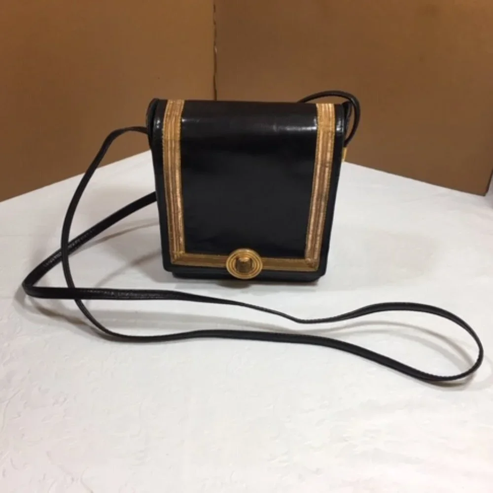 VINTAGE RODO Black Leather w/Gold Trim Italian Shoulder Bag